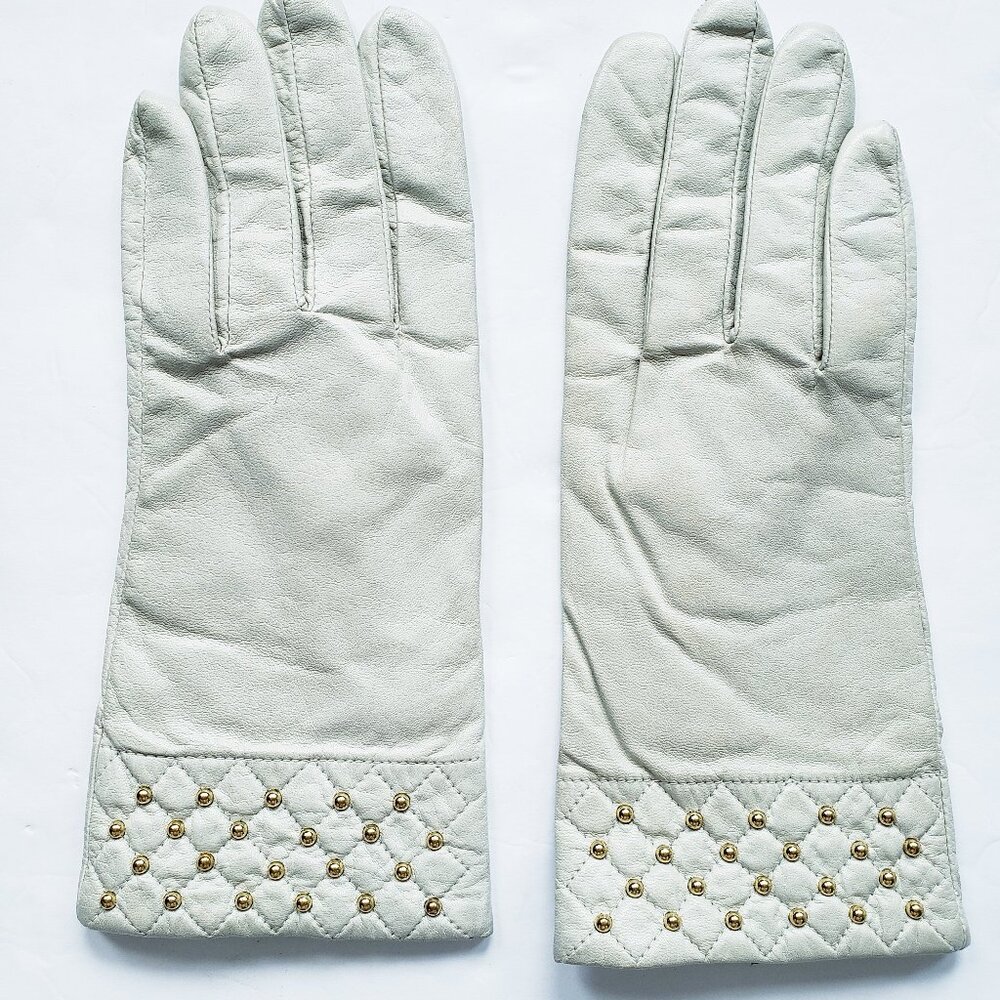 Vintage The Icing Leather Quilted Gold Tone Studded Mint Green Gloves